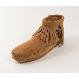 Minnetonka Brown Soft Suede Leather Concho Feather Fringe Boots Womans Size 6